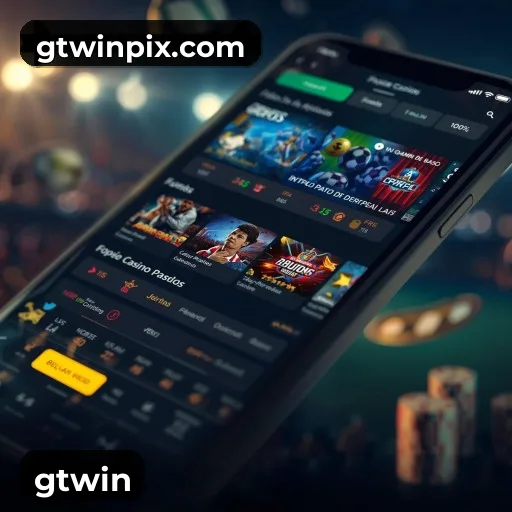 App gtwin para iOS e Android — interface mobile, login biométrico e PIX integrado